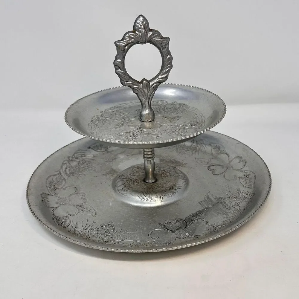 Vintage 2 Tier Hammered Aluminum Serving Tray Mid Century Dogwood Dessert Stand